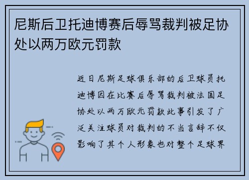 尼斯后卫托迪博赛后辱骂裁判被足协处以两万欧元罚款 尼斯后卫托迪博赛后辱骂裁判被足协处以两万欧元罚款