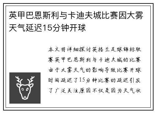 英甲巴恩斯利与卡迪夫城比赛因大雾天气延迟15分钟开球