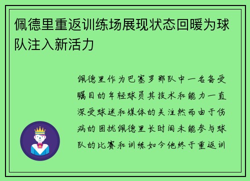 佩德里重返训练场展现状态回暖为球队注入新活力 佩德里重返训练场展现状态回暖为球队注入新活力